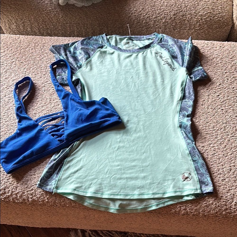 Reel Legends Floral Lily Mint and Navy Athletic Top and bathing suit top bundle